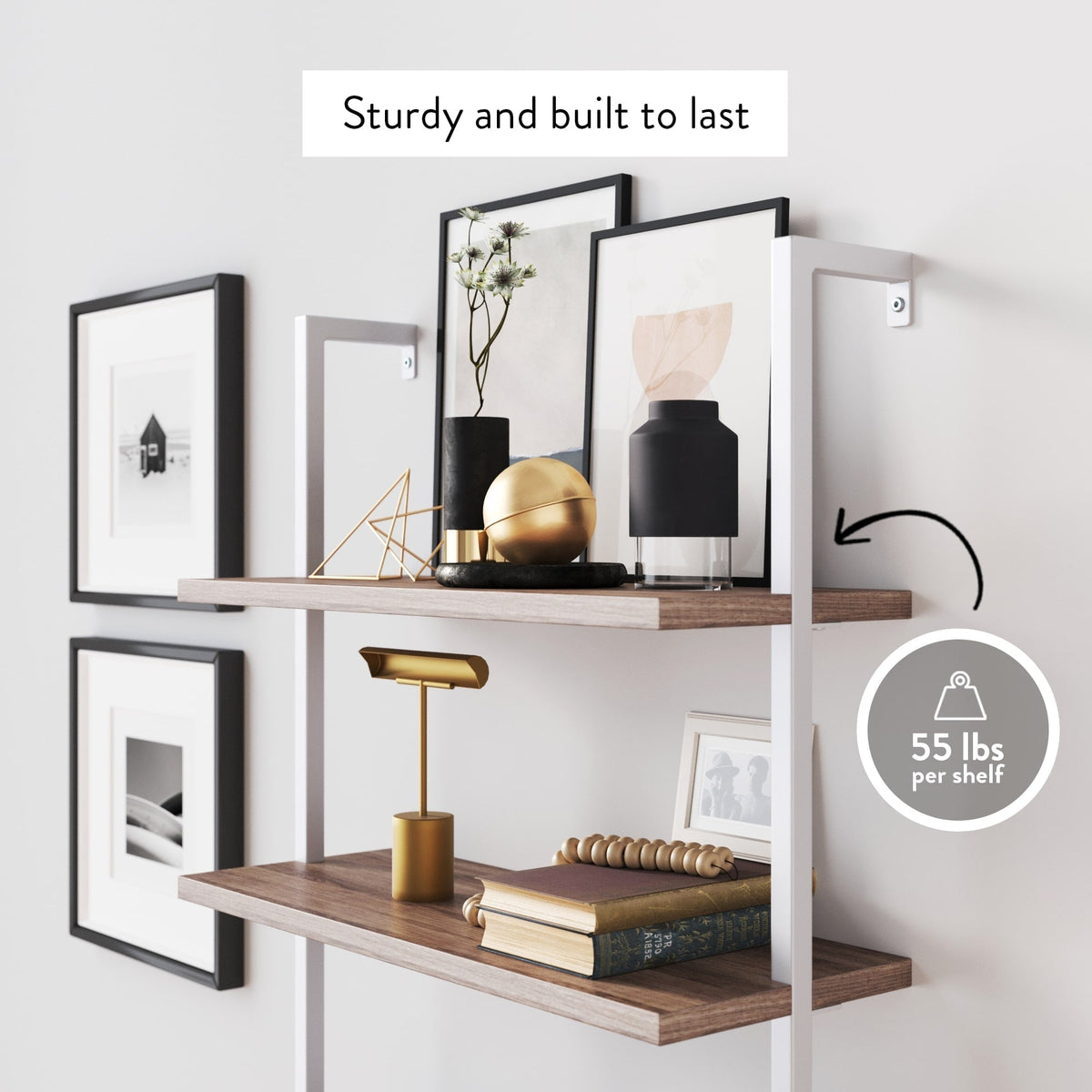6-Shelf Ladder Bookshelf Oak Matte White
