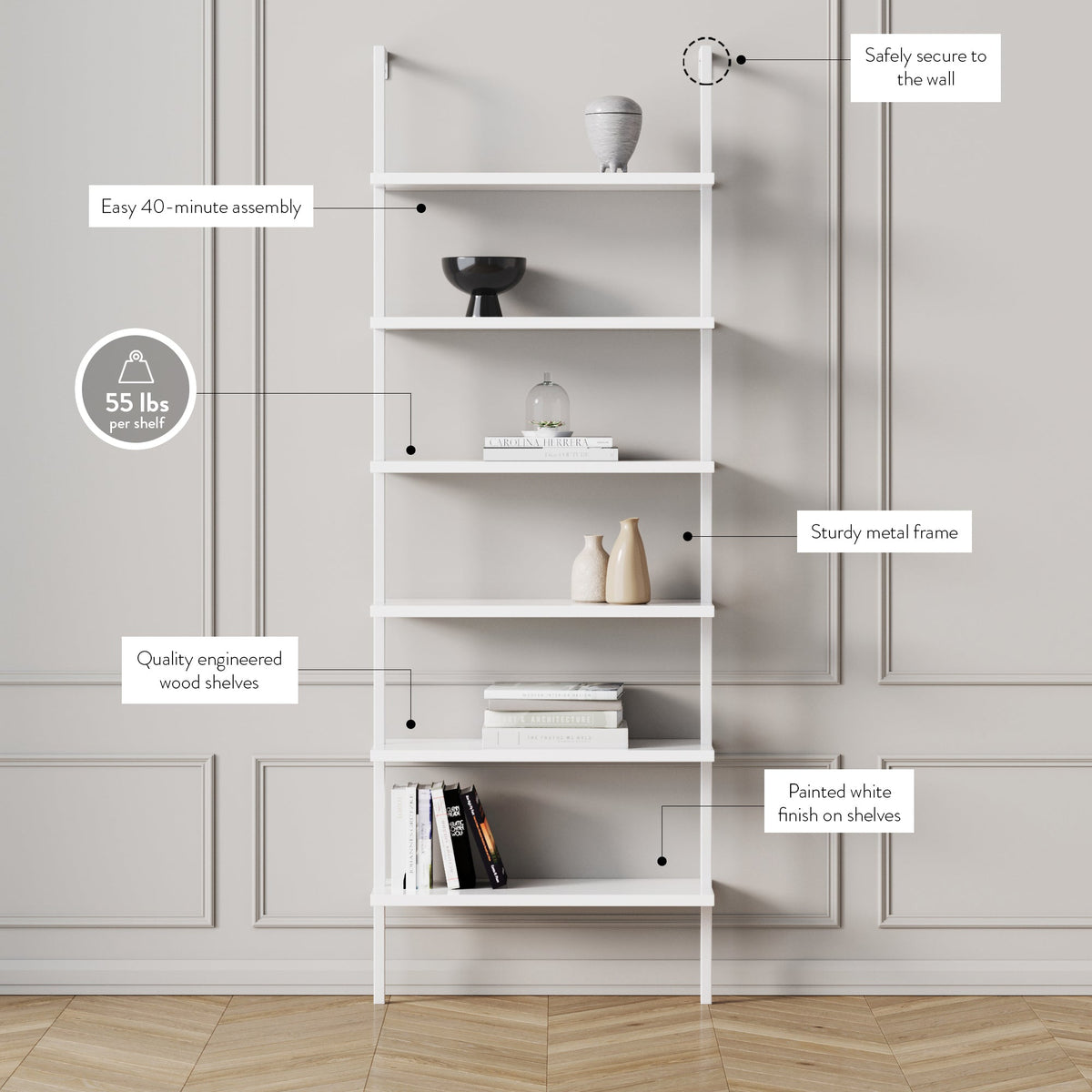 6-Shelf Ladder Bookshelf White