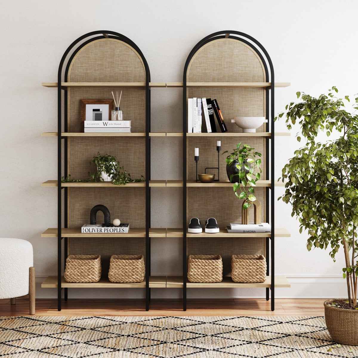 Boho Rattan & Wood Arched Bookshelf