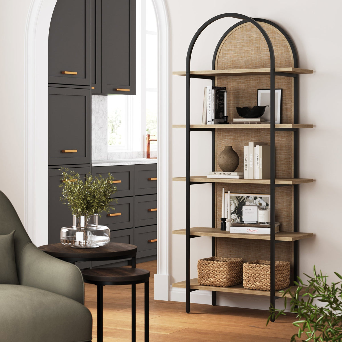 Boho Rattan & Wood Arched Bookshelf