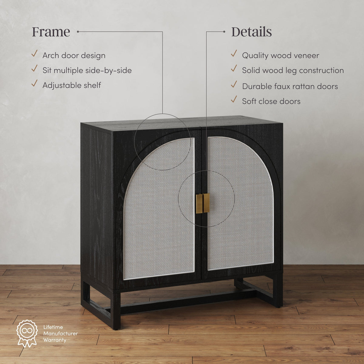 Boho Rattan Arched Door Storage Cabinet Black