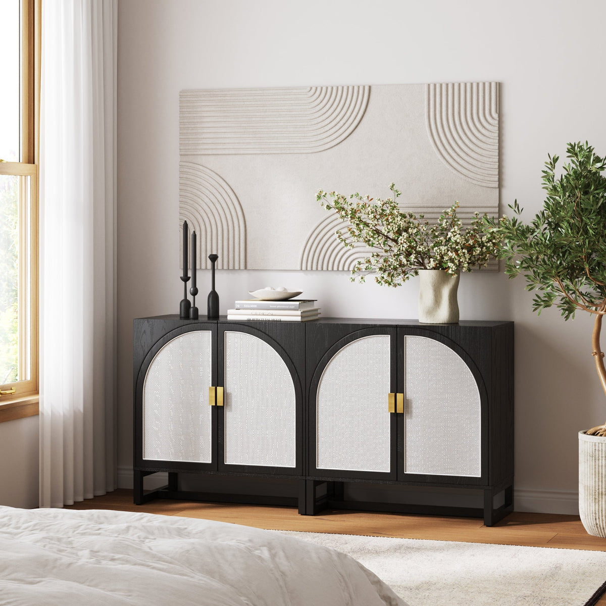 Boho Rattan Arched Door Storage Cabinet Black