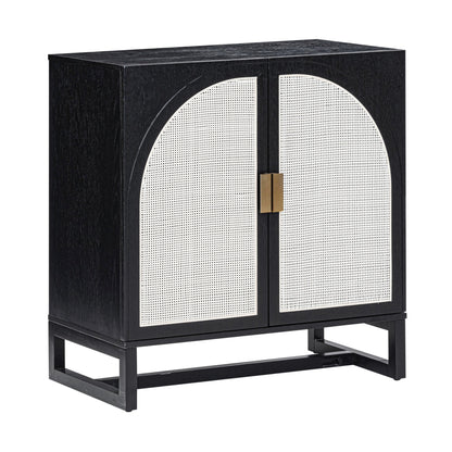 Boho Rattan Arched Door Storage Cabinet Black