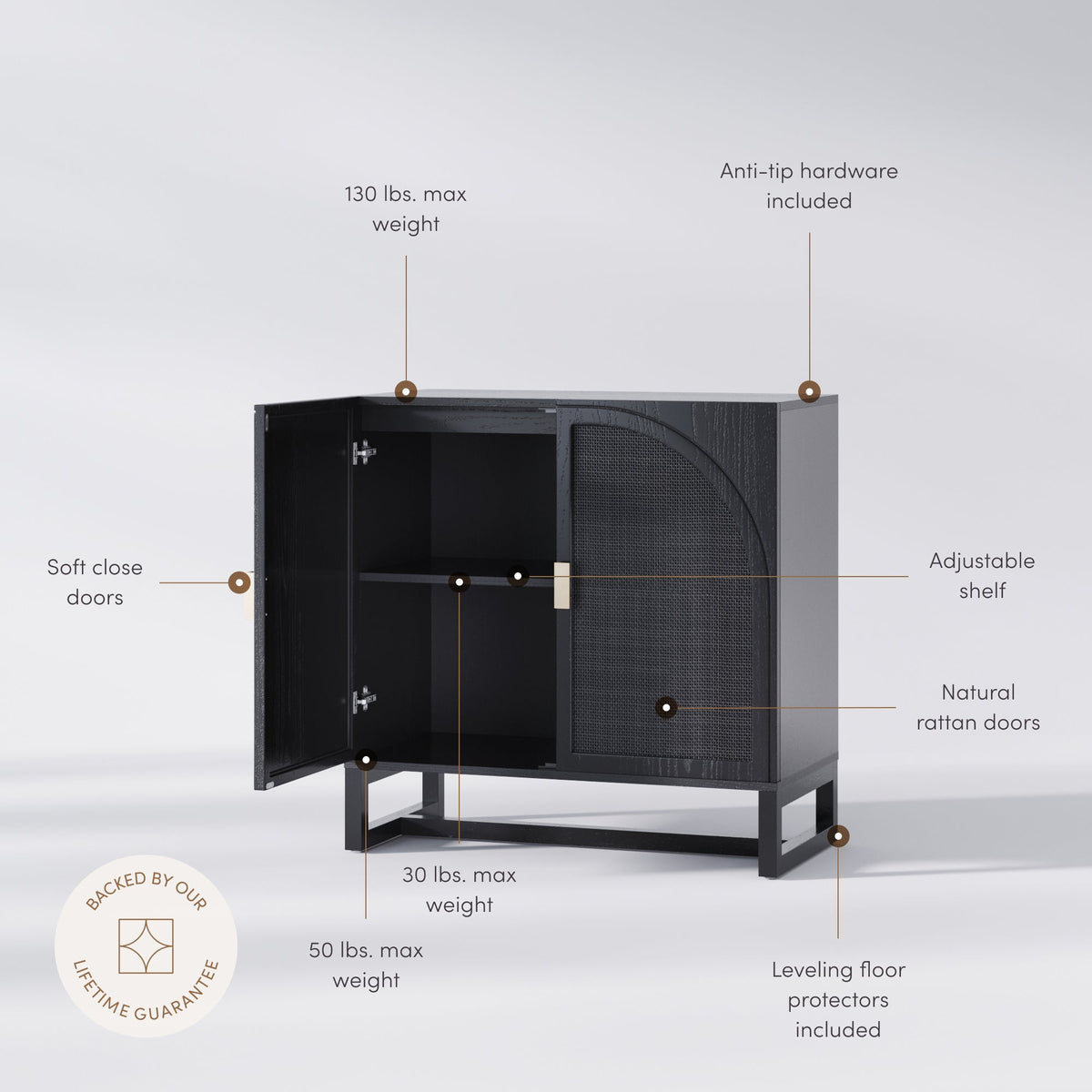Arched Wooden 2-Door Storage Cabinet Black Rattan